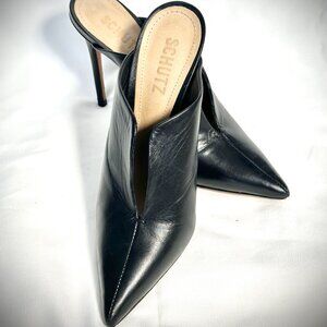 Black Leather Schutz Pointed Toe Mules - Effortless Chic!